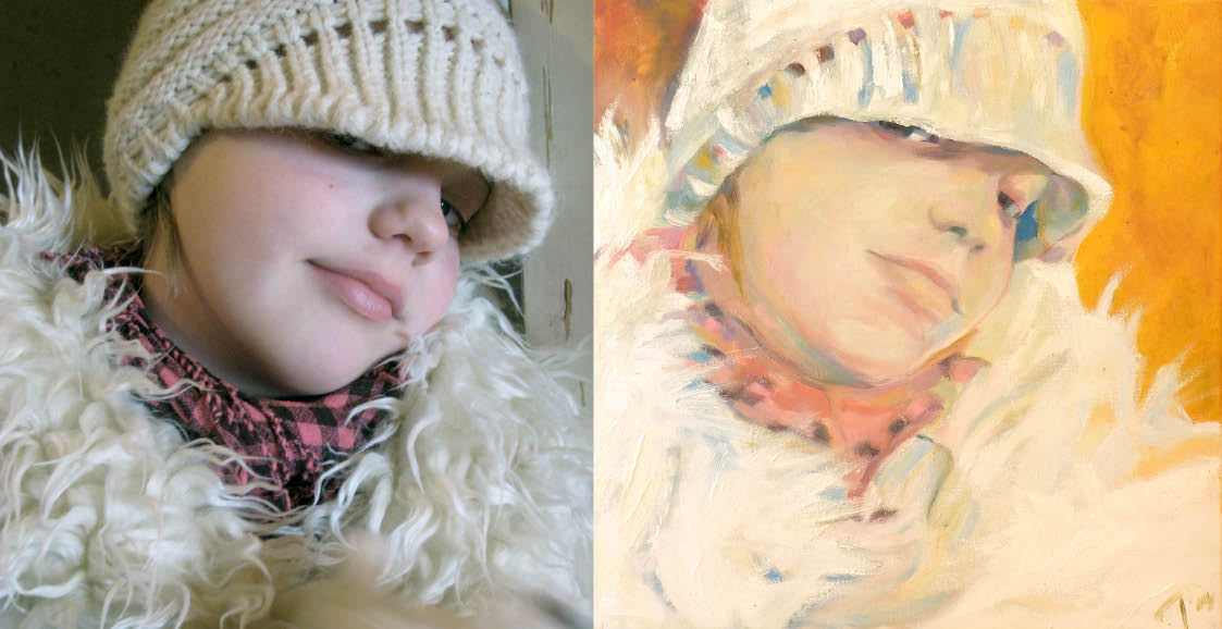 Foto ja maal, 2014, Tüdruk valge kootud mütsiga, õli lõuendil 40x40cm